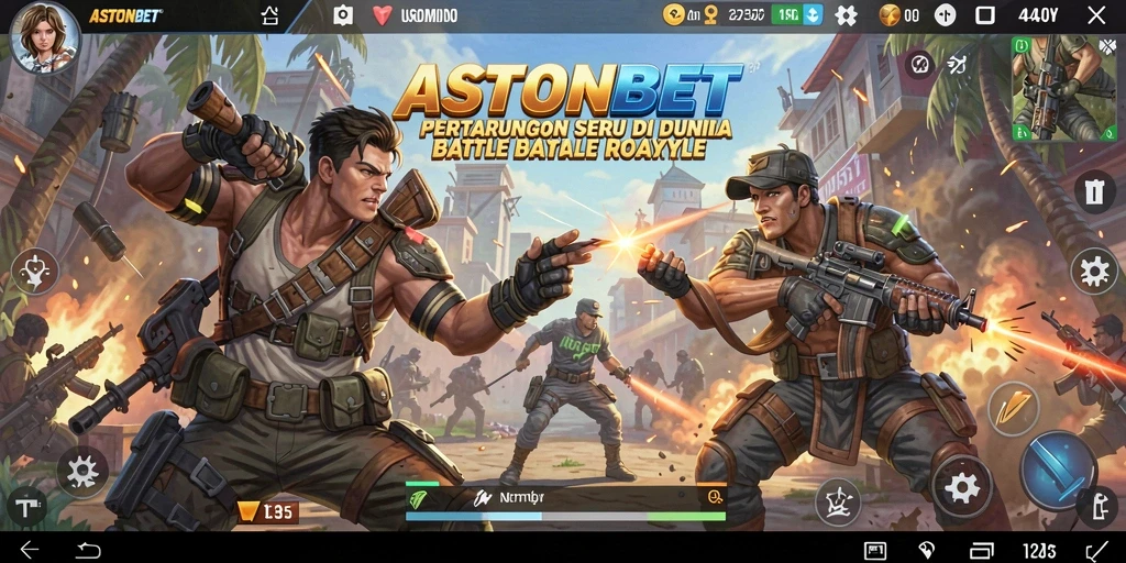 Screenshot utama ASTONBET menampilkan pertempuran seru dalam arena Battle Royale.