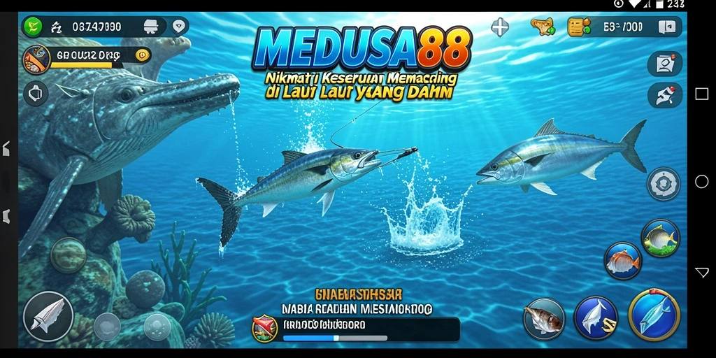 Tampilan gameplay <strong>MEDUSA88</strong> yang menakjubkan saat memancing ikan di lautan.