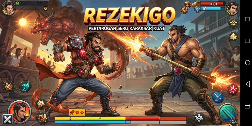 Tampilan gameplay seru dari REZEKIGO yang menunjukkan pertarungan karakter.