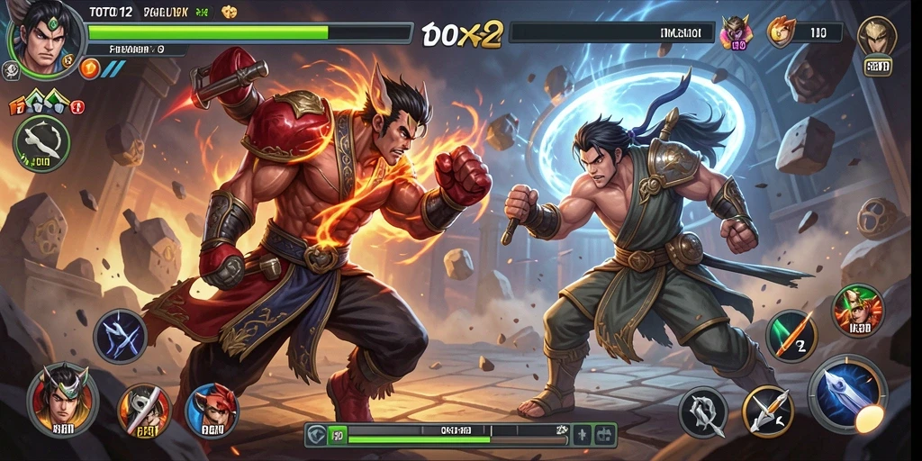 Screenshot utama TOTO12 menunjukkan karakter bertarung dalam arena yang memukau.
